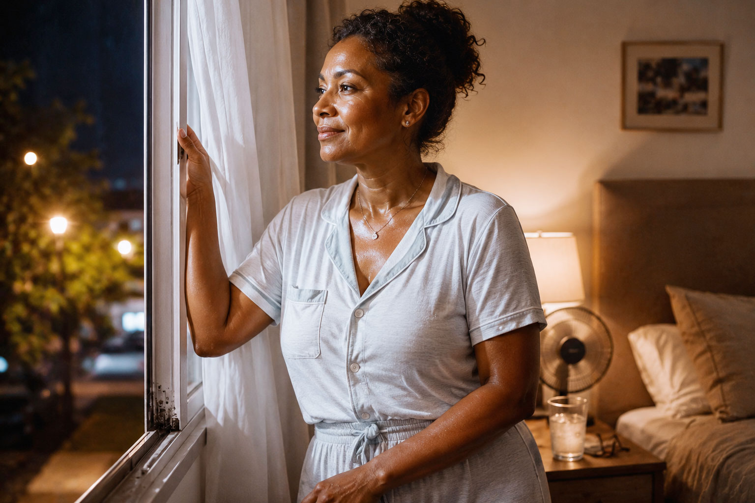 Black woman with a hot flash standing by open window at night with bed fan and glwass of water on bedstand
