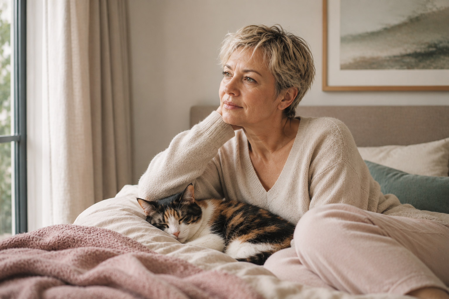 Low libido white woman sprawled on bed looking pensive with sleeping calico cat