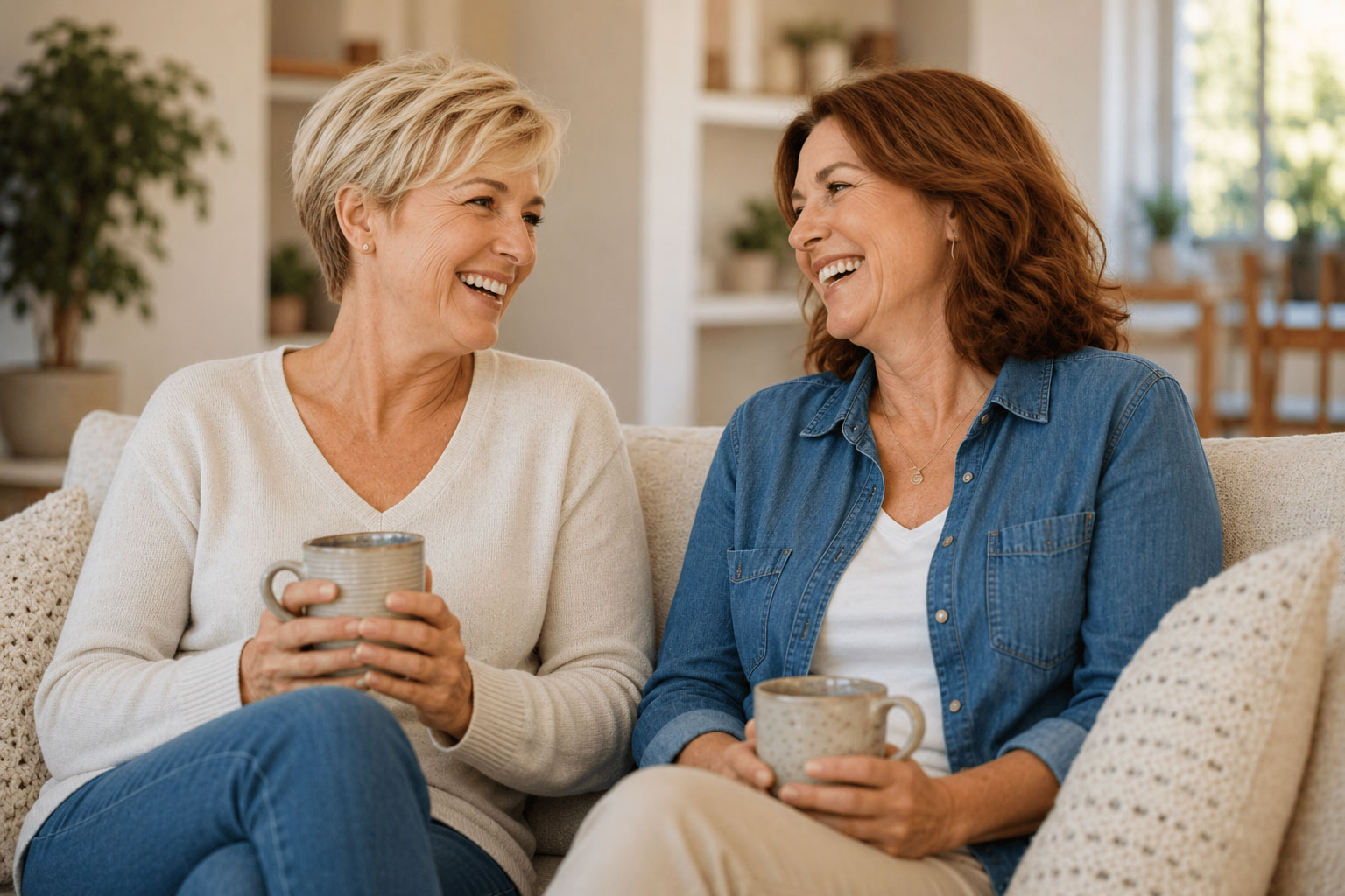 Two women on sofa in living room enjoying a pleasant conversation with smiles and coffee mugs