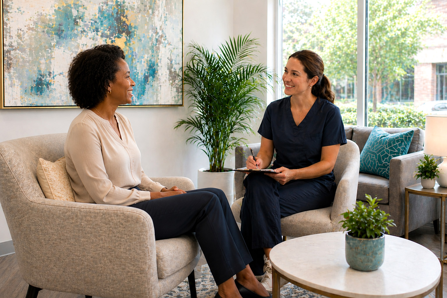Black woman in her mid-to-late 40s speaking with a healthcare clinician during a menopause consultation in a medical office, seated in comfortable chairs and discussing symptoms and treatment options in a supportive, personalized care setting