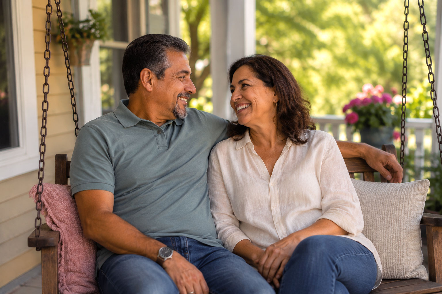 Hispanic couple in their 50s sitting together on a porch swing, sharing a warm moment of companionship and connection in a comfortable outdoor setting.