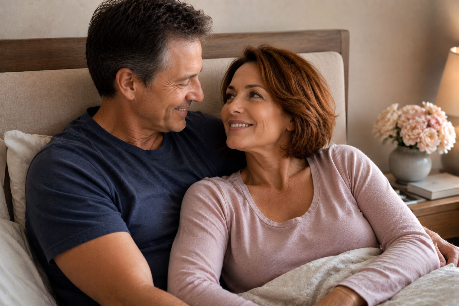 Middle-aged couple sitting together in bed, sharing a warm, affectionate moment that reflects intimacy, connection, and renewed confidence in their relationship.