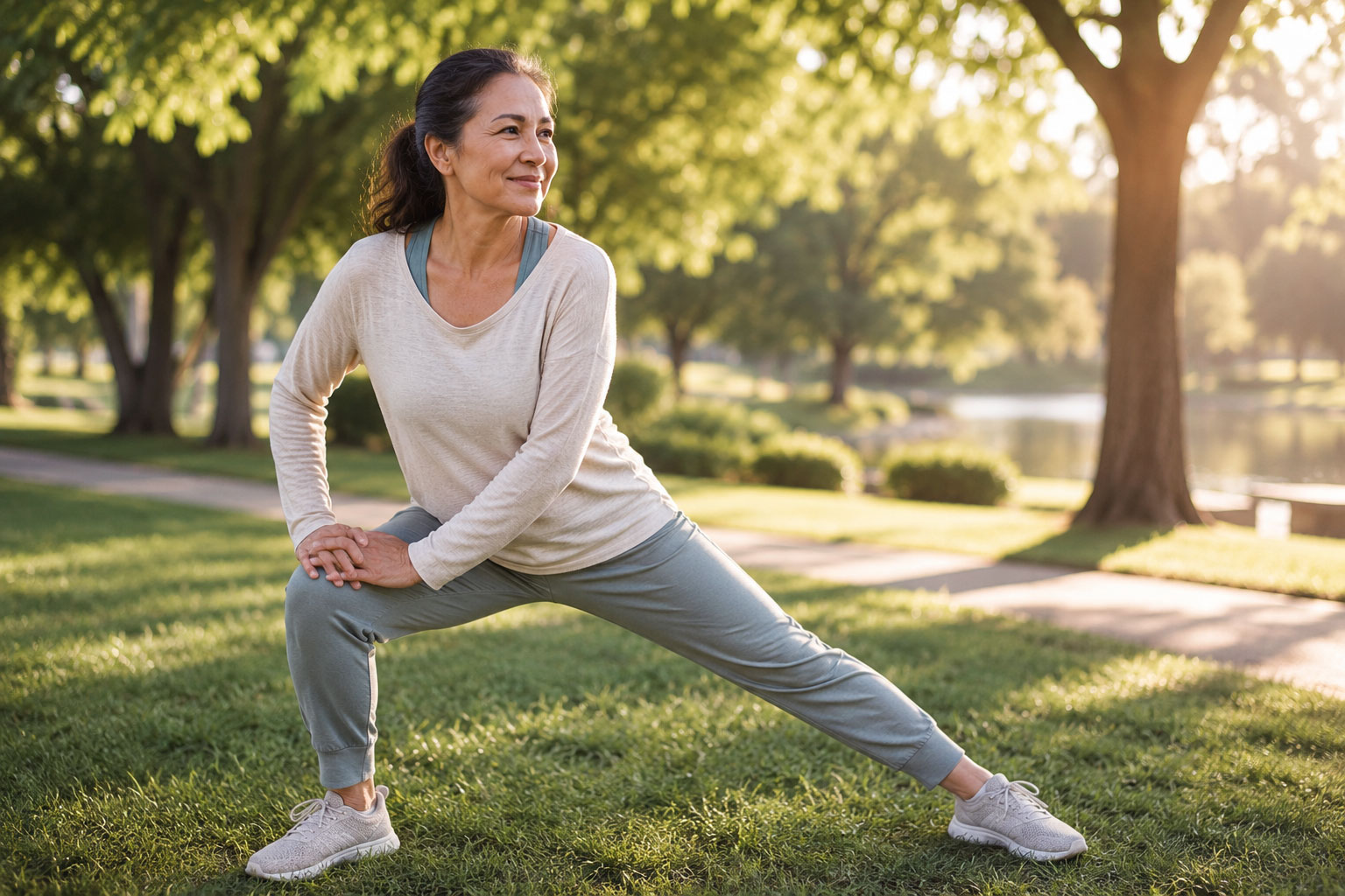 Woman in her 50s doing gentle stretching in a sunlit park, reflecting confidence and an active lifestyle while managing overactive bladder symptoms.