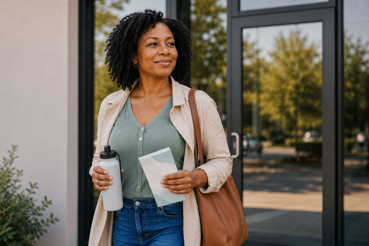 Black woman mid 40's smiling, leaving a building, glas door behind. Water container and pamphlet in hands