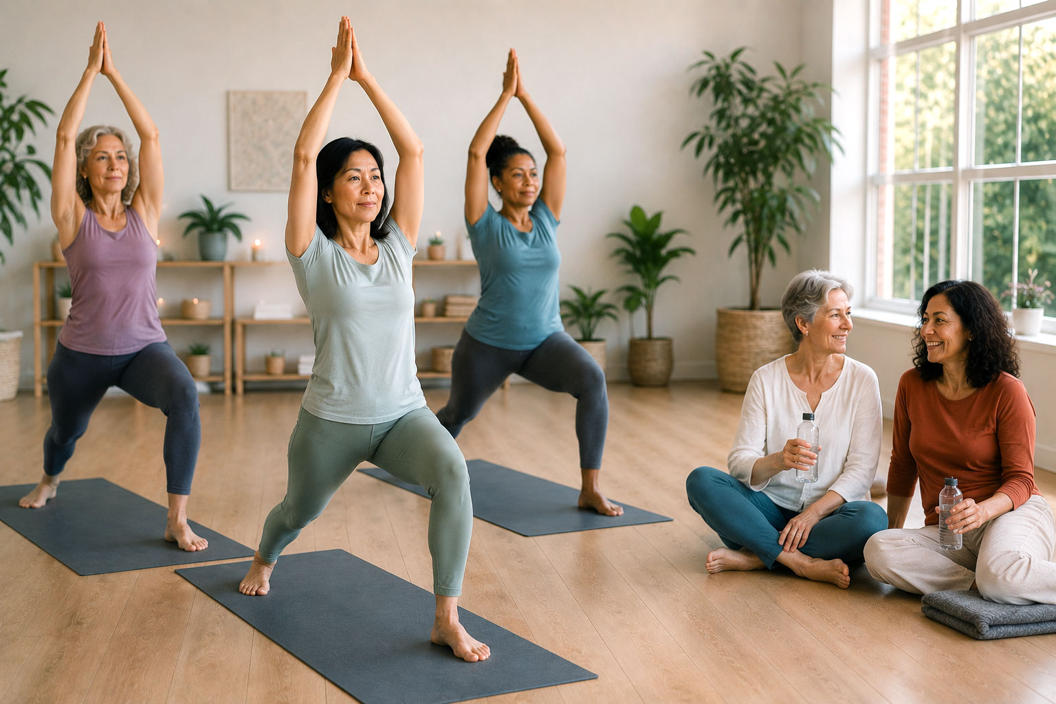 Diverse group of women in their 50s attending a yoga class in a bright, airy studio, with three women practicing yoga poses while two others sit nearby drinking water and relaxing after their session.