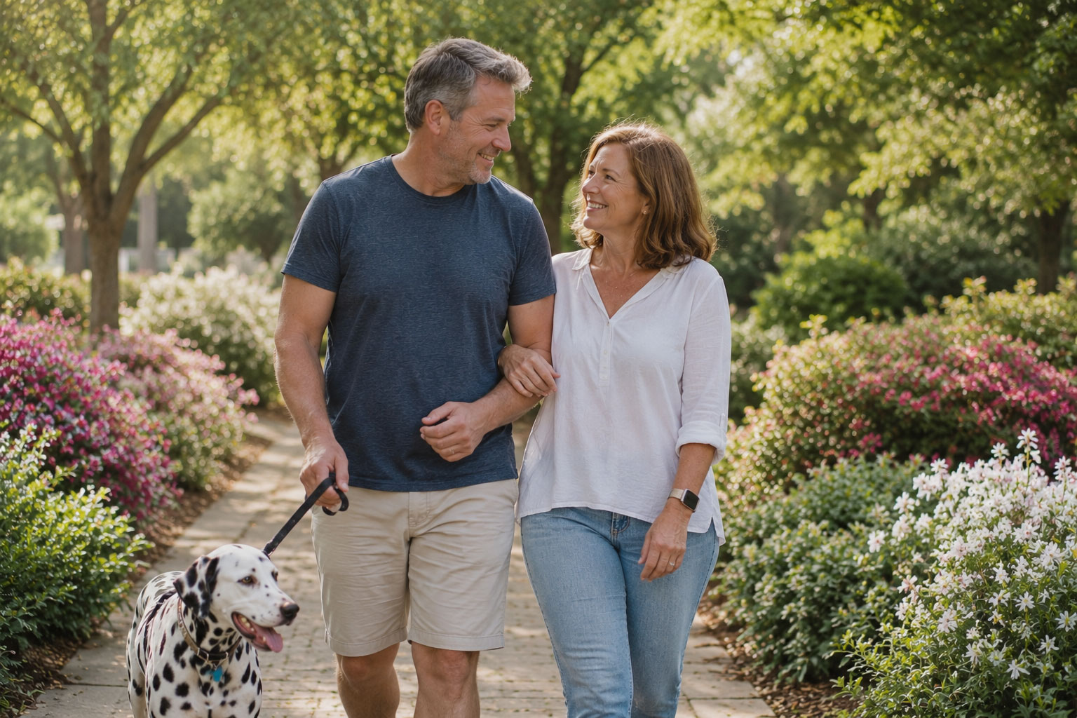 iddle-aged couple walking with their Dalmatian through a flower-filled park, enjoying companionship, confidence, and renewed well-being after treatment.