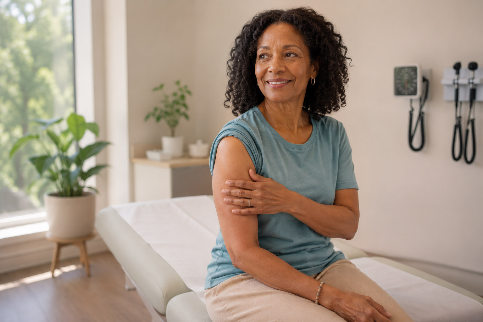 Black woman in her 50s sitting on an exam table after a vitamin shot, reflecting confidence, wellness, and personalized midlife healthcare.