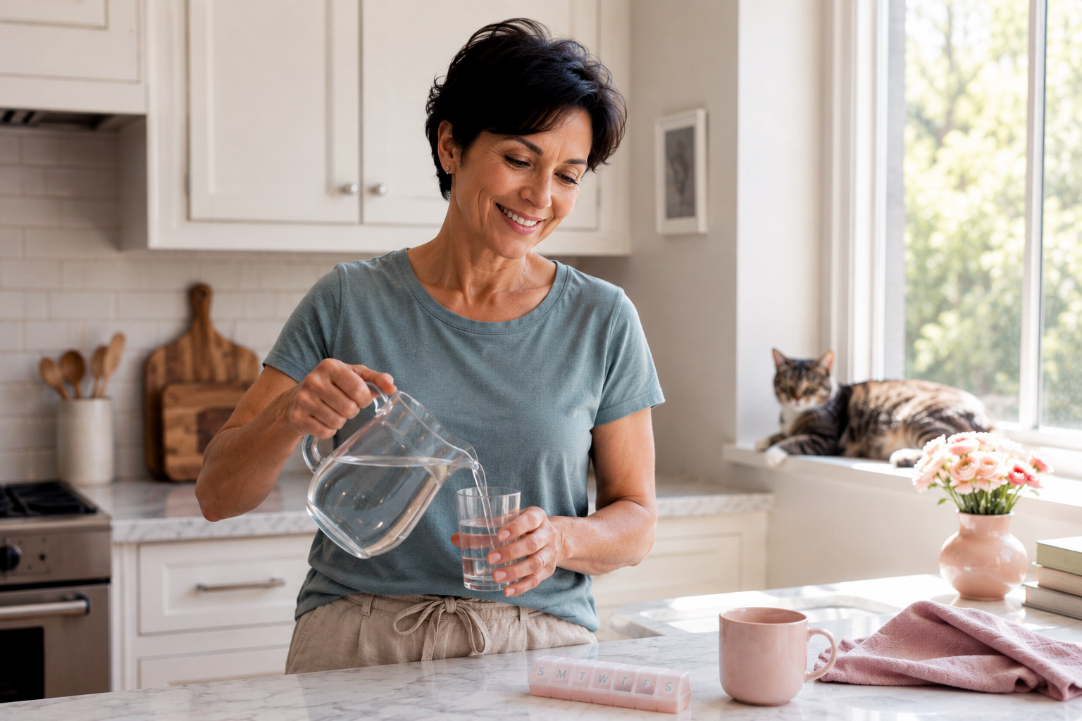 Woman in her 50s pours a glass of water in a bright kitchen while following a daily vitamin routine, with a cat resting on the windowsill nearby.