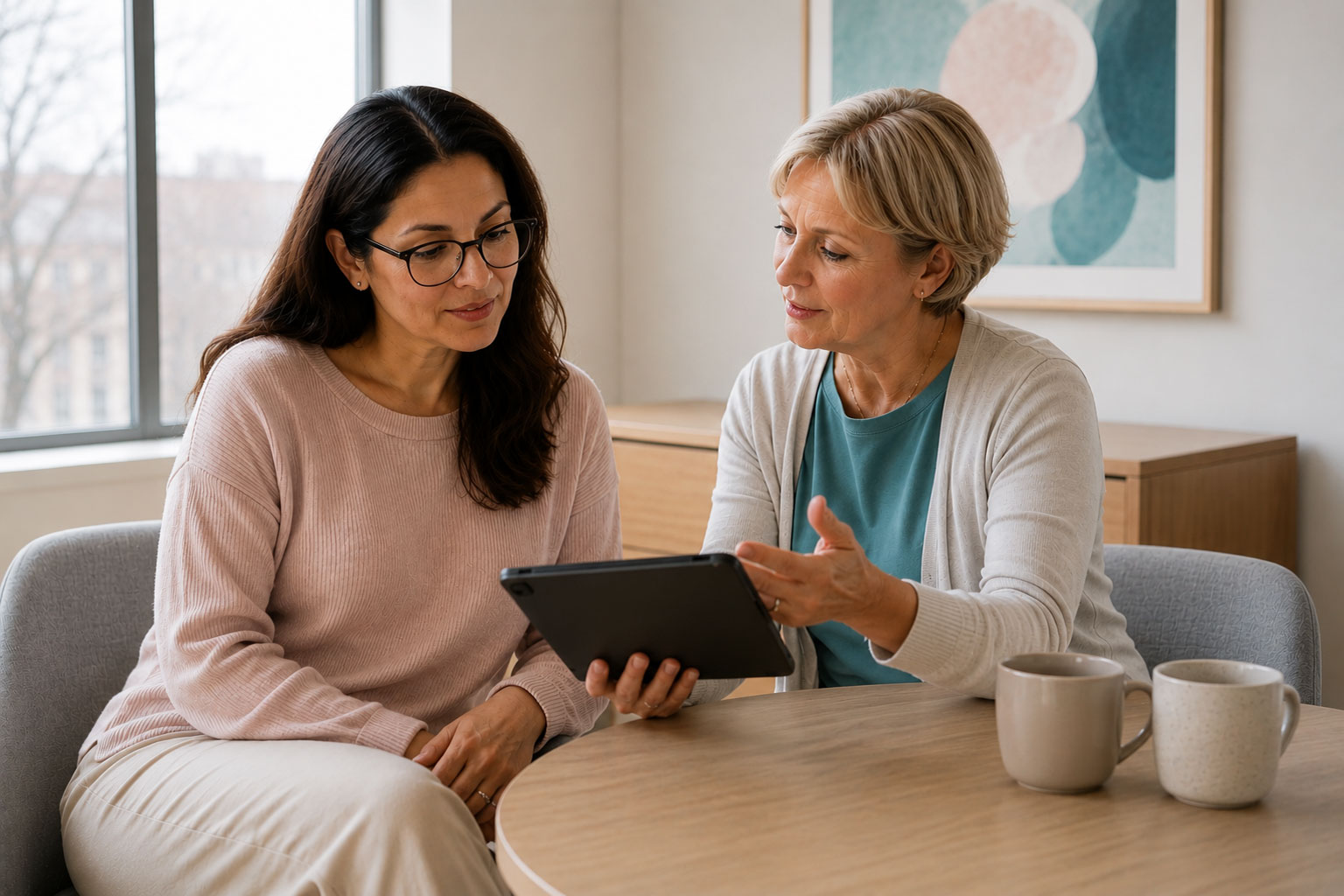 Hispanic woman wearing glasses sits with a female clinician reviewing vulvar health treatment options together during a supportive consultation.