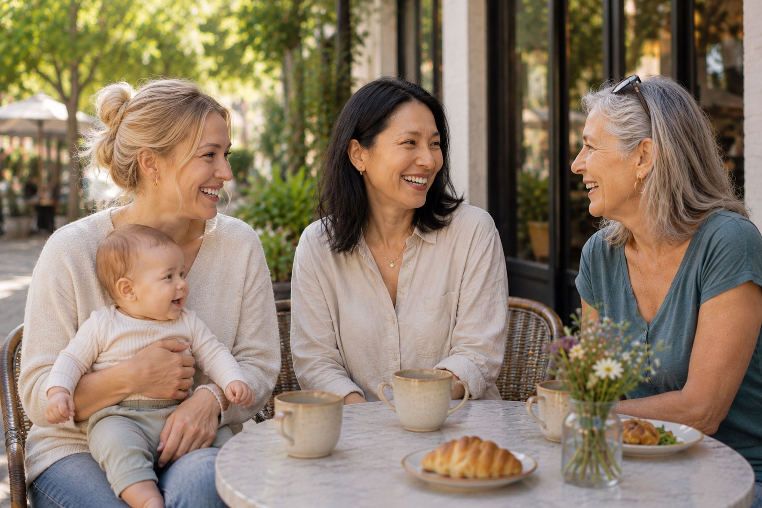 Three women from different life stages—including a postpartum mother with her baby, a middle-aged Chinese woman, and an older woman—sharing conversation at an outdoor café during a well-woman health discussion