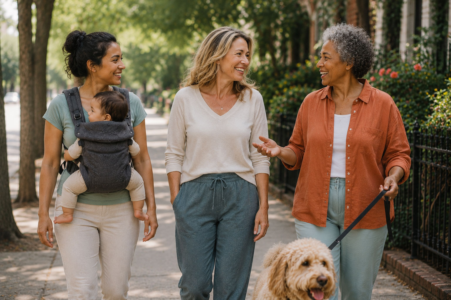 3 women walking in neighborhood talking animatedly. A young Hispanic with child in a front baby carrier, a white mid 40s and an African American in mid 50s with dog.