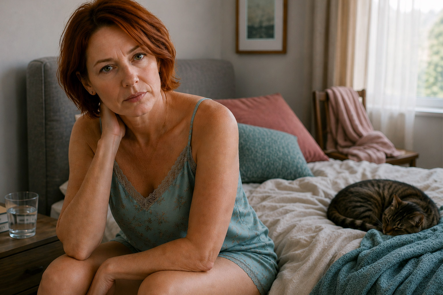 Woman in her late 40s sitting on the edge of an unmade bed in a teal nightgown, looking thoughtfully toward the viewer with a calm but fatigued expression as a tabby cat sleeps nearby in a softly lit bedroom.