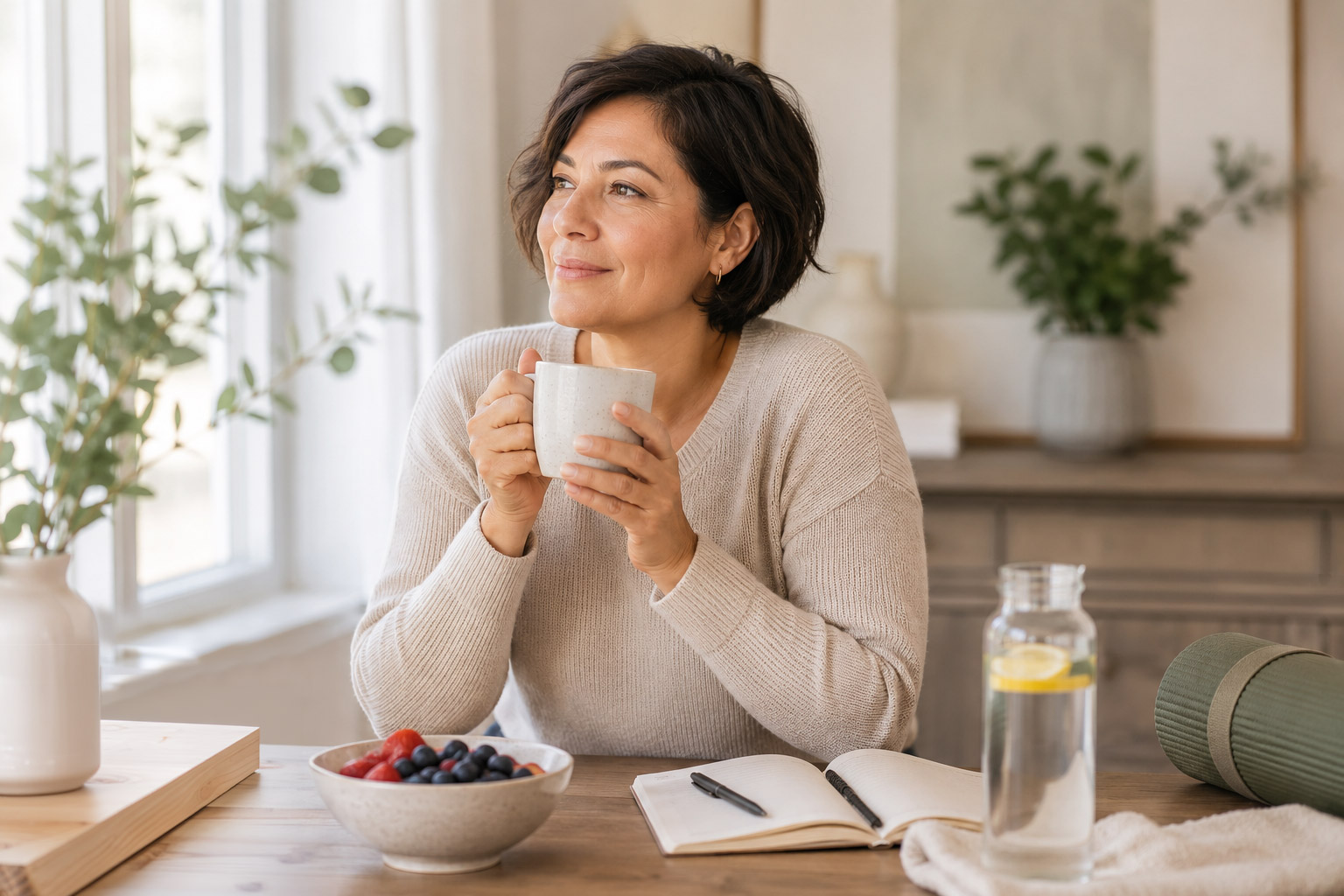Hispanic middle-aged woman with a short bob hairstyle enjoying a quiet morning by the window, holding a mug while seated at a table with fresh berries, a journal, lemon water, and a yoga mat.