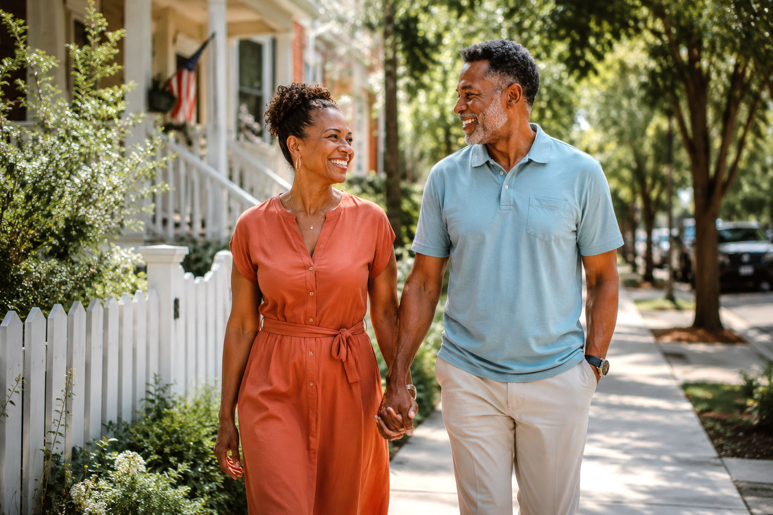 Black couple in their early 50s holding hands while walking along a tree-lined suburban sidewalk, representing confidence, connection, and intimate wellness during midlife.