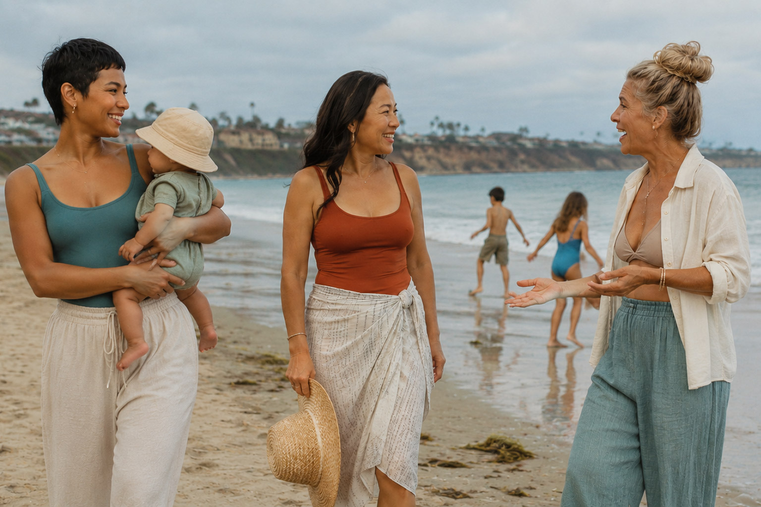 3 women talking at the beach. Young woman in late 20s with baby on hip, late 40 year old with sunhat and late 50 year old gesturing with hands