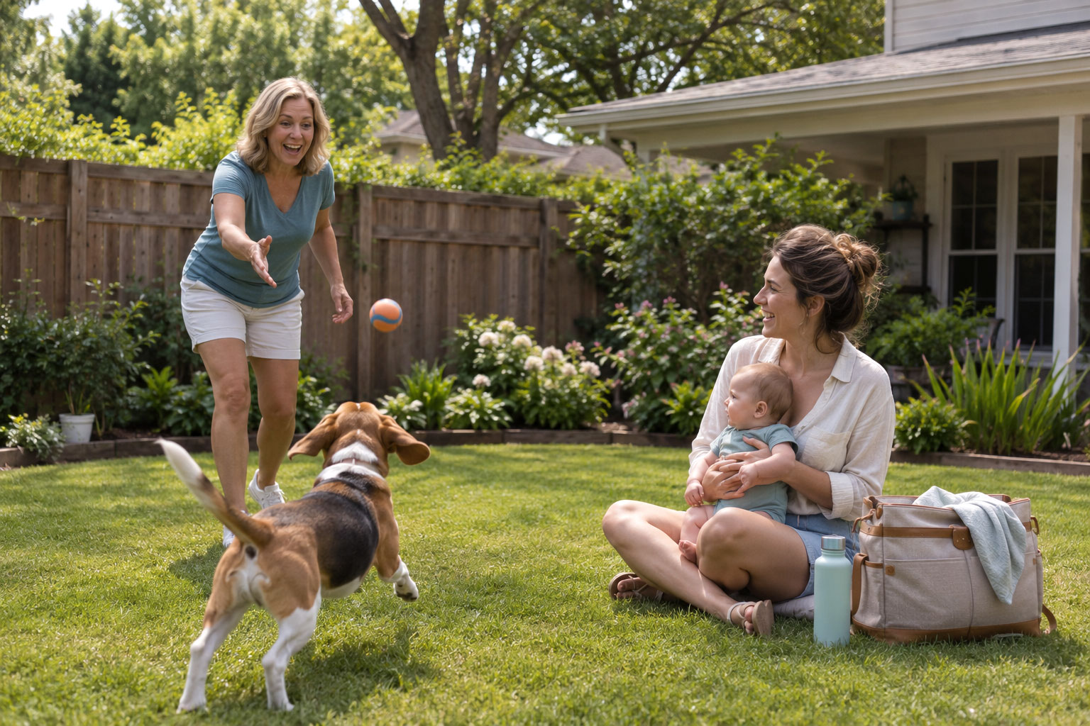 Woman playing fetch with a dog while a mother holds a baby in a sunny backyard.