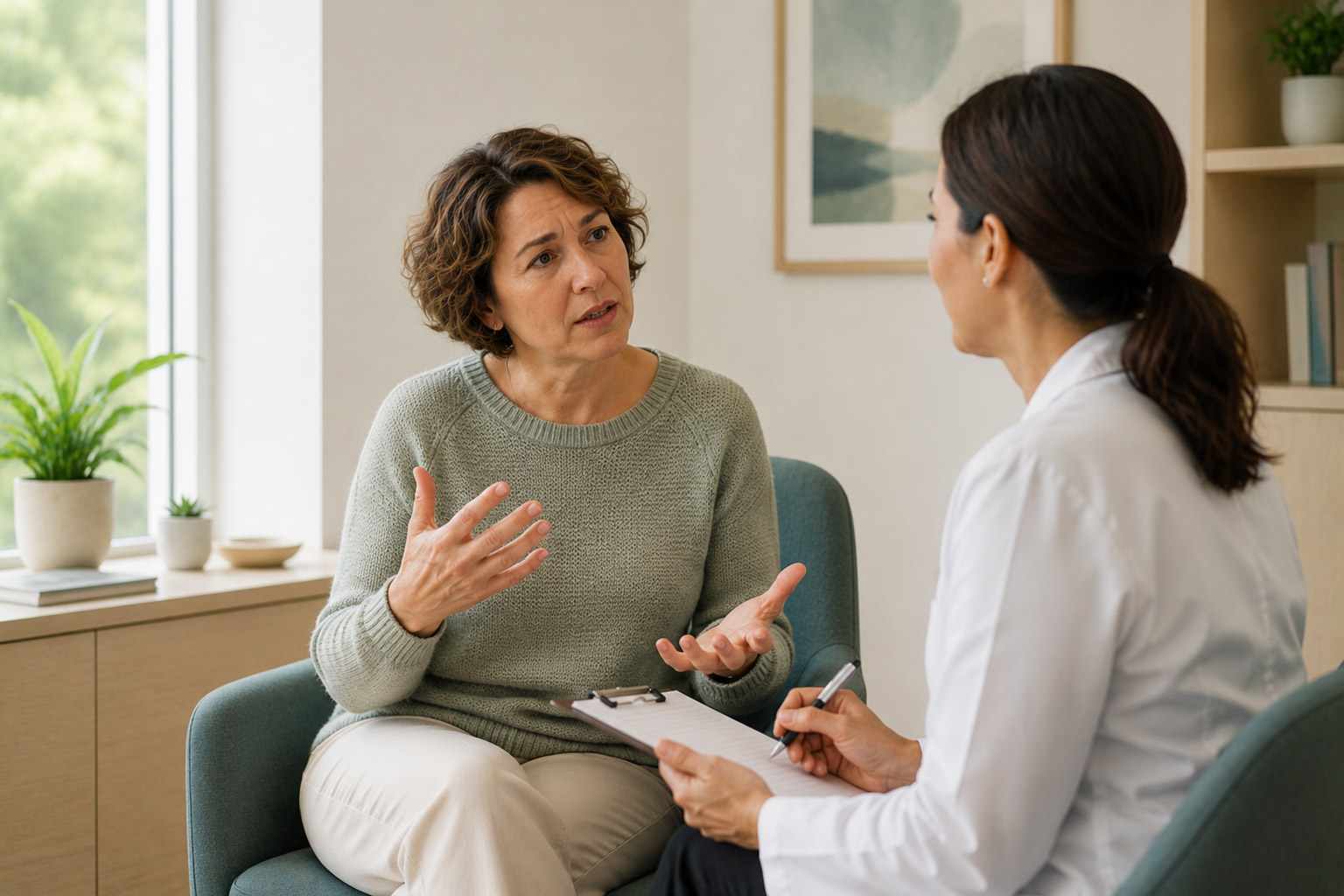 White woman explaining menopausel symptoms to a medical professional in her office.