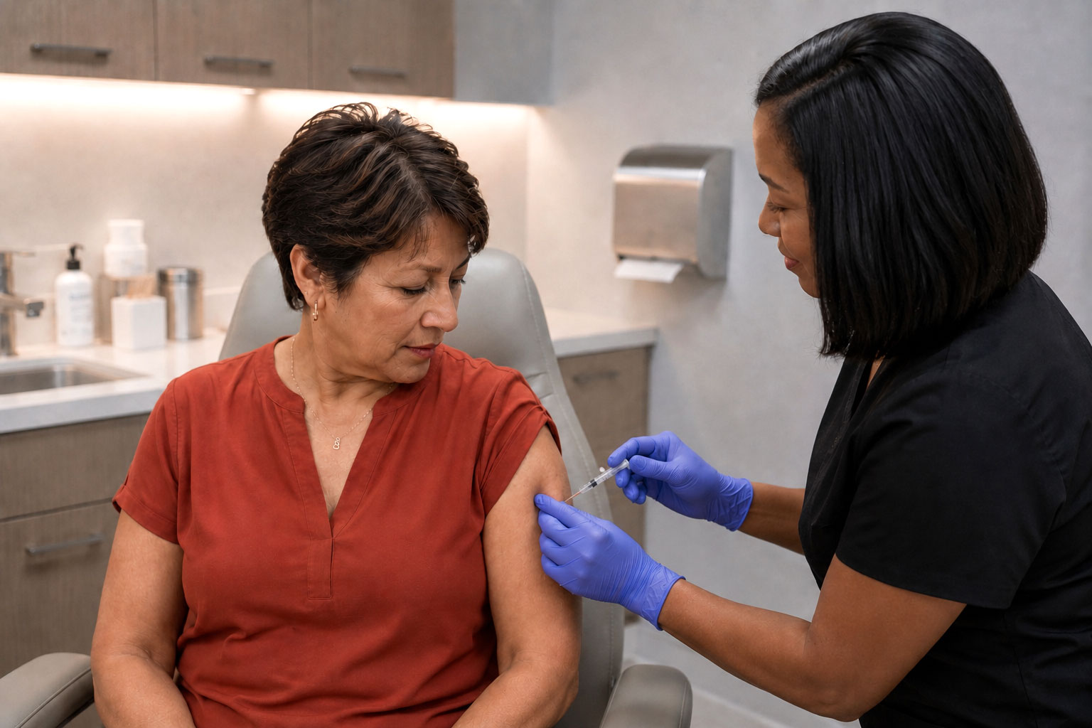 Clinician administering an injection at a 45-degree angle into a seated woman’s upper arm in a medical exam room