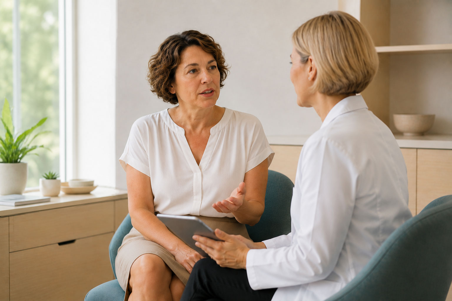 White woman in her mid-to-late 40s speaking with a healthcare clinician during a consultation in a medical office, seated in comfortable chairs and discussing symptoms and treatment options.
