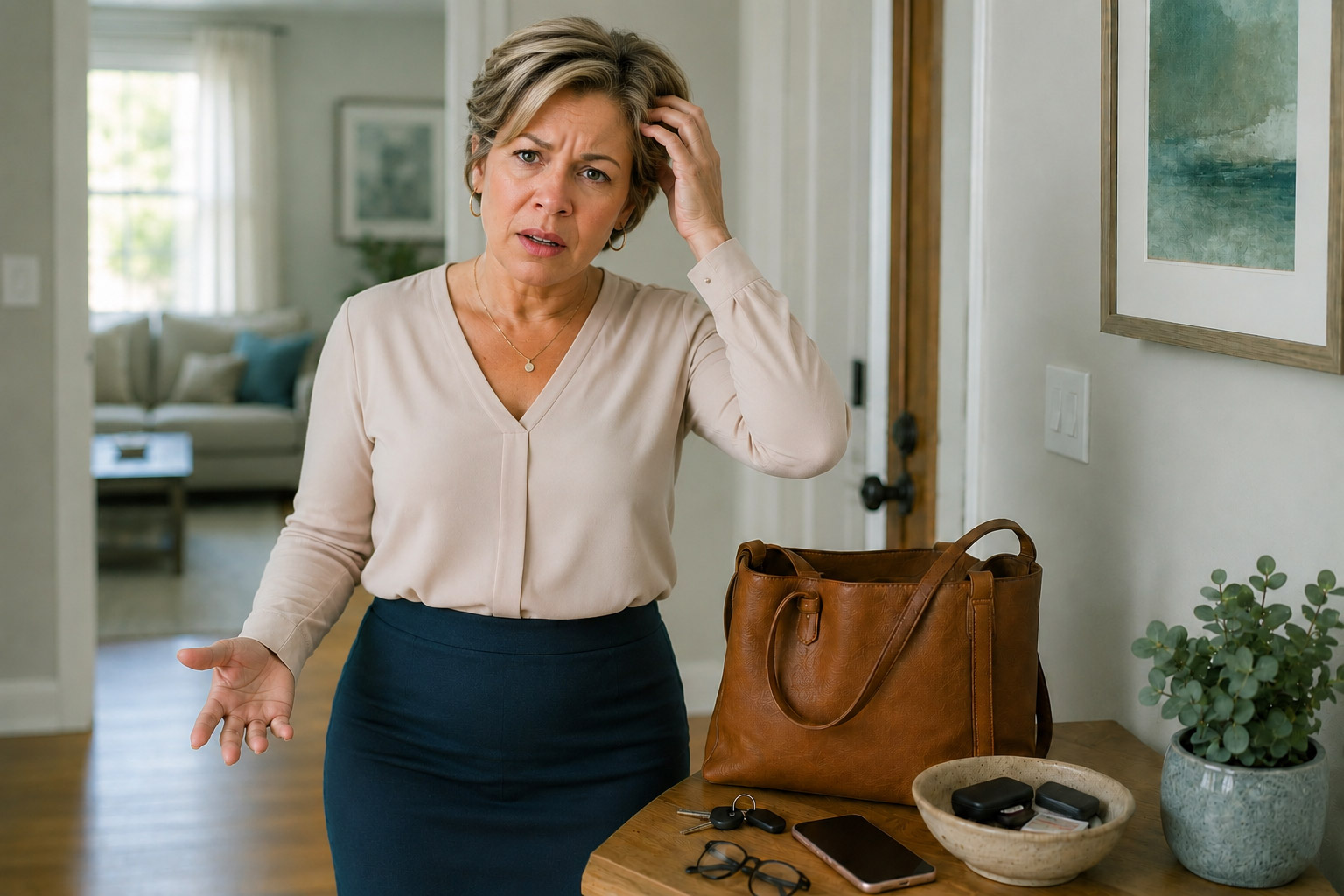 White middle-aged woman with short blonde streaked hair looking confused as she searches for misplaced items on an entryway table, illustrating menopause-related brain fog and everyday memory lapses.