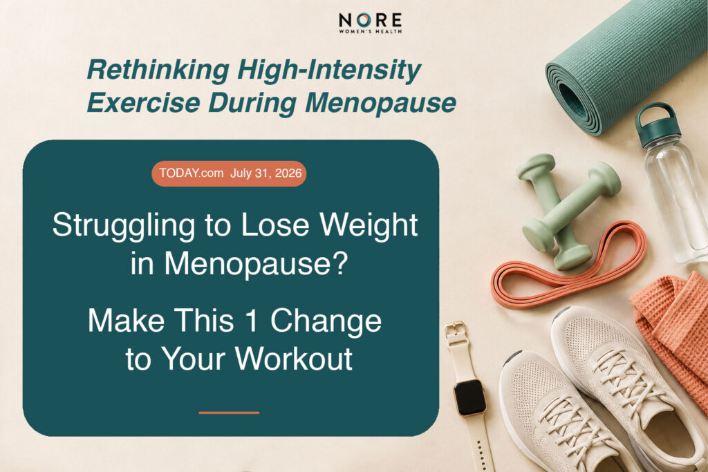 Nore Women’s Health “What We’re Reading” graphic with workout gear highlighting a TODAY.com article about rethinking high-intensity exercise and weight management during menopause.