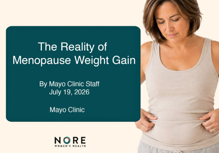 Featured image for Nore Women's Health's "What We're Reading" series showing a middle-aged woman looking down at her waist while gently holding the sides of her shirt. Beside her is a large teal panel displaying the title The Reality of Menopause Weight Gain by Mayo Clinic Staff (July 19, 2026), highlighting an evidence-based article about the many factors that contribute to weight changes during menopause.