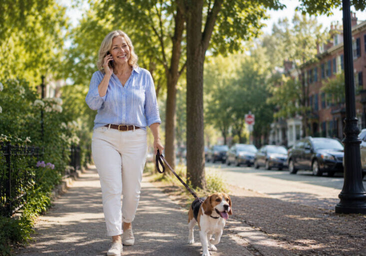 Confident woman in late 40s with blonde hair walking a beagle, talking on her cellphone tree-lined neighborhood sidewalk, enjoying an active, everyday moment outdoors.