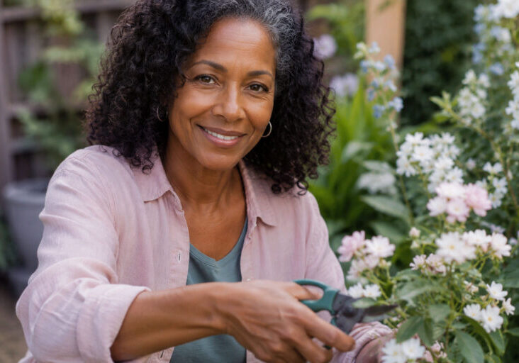 Black woman in her mid-50s smiling while trimming flowers in garden, surrounded by blooming plants in natural sunlight.