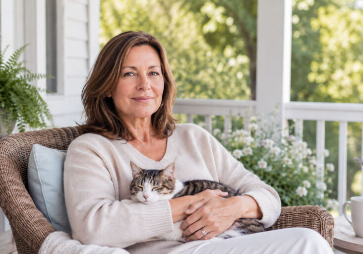 Woman in early 50s sitting on a sunny porch with a sleeping tabby cat in her arms, looking calmly toward the viewer while enjoying a peaceful summer day surrounded by soft greenery.