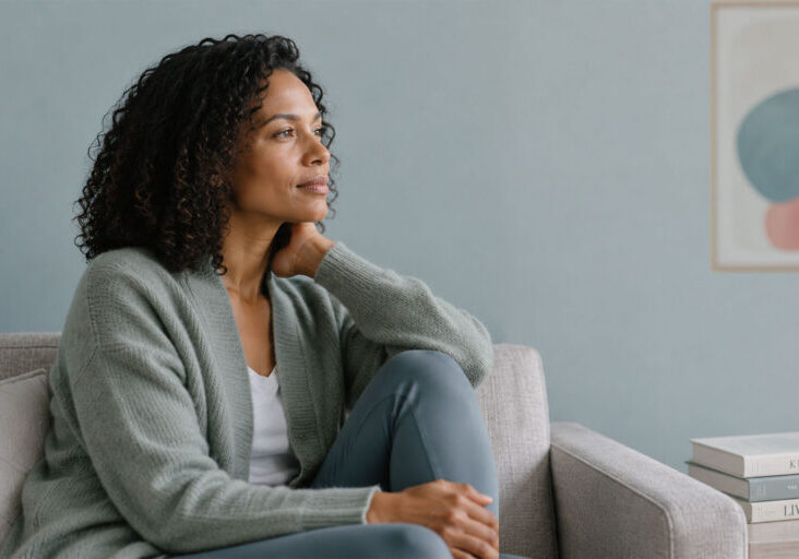 Black woman sitting on sofa quietly