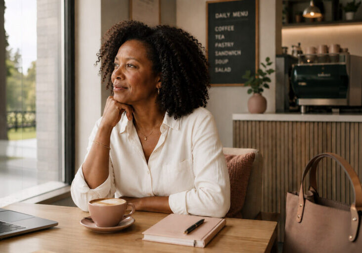 Black woman sitting in cafe with chin on hand looking out the window with pensive calm exxpression