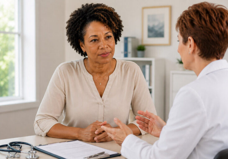 Black woman in her late 40s discussing menopause symptoms with a healthcare clinician during a one-on-one consultation in medical office, conveying trust, support, and personalized women's healthcare.
