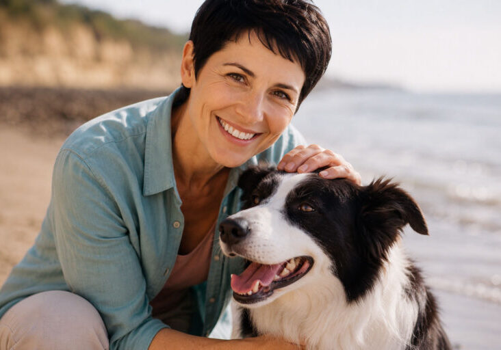 Woman in her 40s with short dark hair kneeling on a beach affectionately ruffling her Border Collie’s head, smiling .