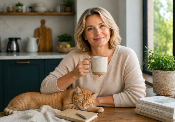 Woman in her late 40s with short blonde hair sitting at a kitchen table holding a coffee mug while looking confidently at the camera, with a sleeping orange tabby cat resting beside her, conveying comfort, wellness, and everyday confidence.