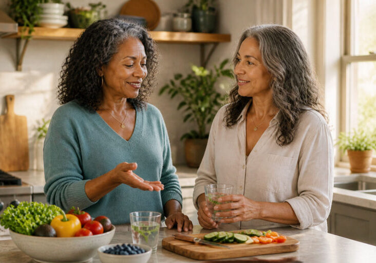 2 Women of color discussing food in a kitchen setting