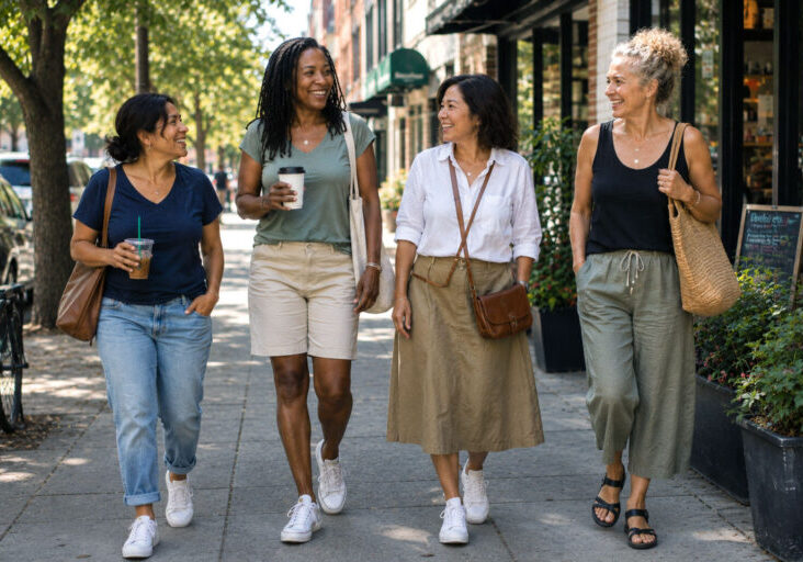 Four women in early 50s of diverse ethnic backgrounds and different heights walk together along a sunny urban sidewalk, chatting and smiling in casual summer clothing, including jeans, shorts, a skirt, and linen pants, creating a warm and relatable scene of friendship and wellness.