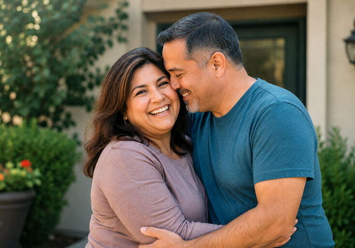 Hispanic couple in their 50s sharing a warm embrace in the front yard of their home, smiling naturally in soft evening light.