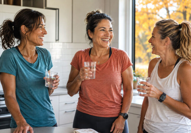 Three women in their late 40s stand in a bright modern kitchen after a run, smiling and chatting while drinking glasses of water. Autumn foliage in shades of gold and orange is visible through a large window.