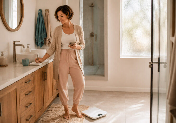 Woman with short haircut with a scale on the bathroom floor making notes of her weight