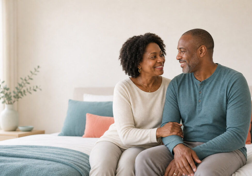 Black couple sitting on bed with a loving interaction