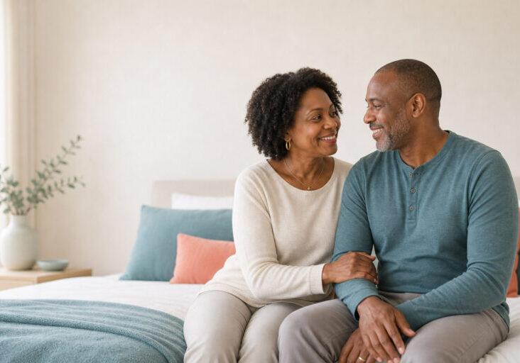 Black couple sitting on bed with a loving interaction