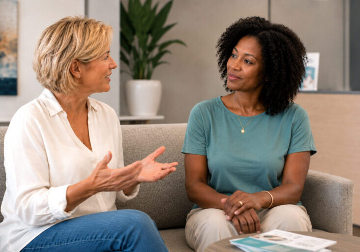 Two women in their late 40s sit in a modern clinic waiting room, engaged in a warm conversation about wellness and vitamin therapy. A blonde woman gestures as she speaks while a Black woman listens attentively.