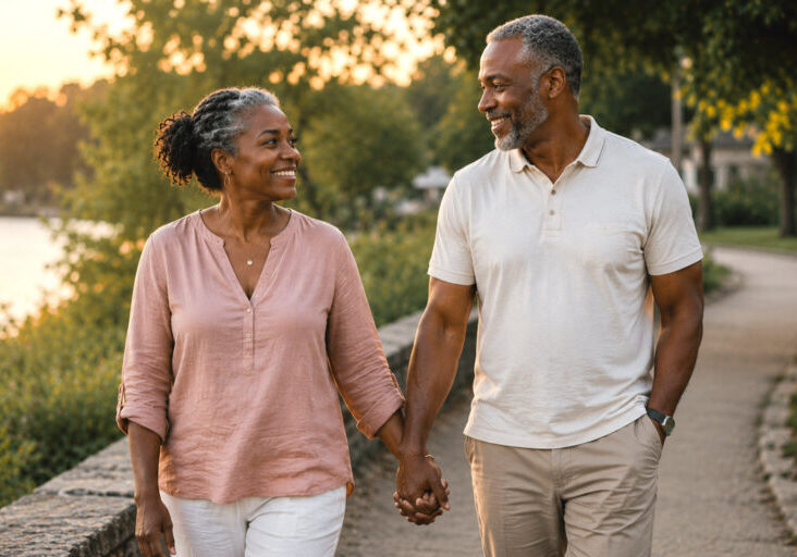 Black couple in their mid-50s holding hands and walking along a lakeside path at sunset, sharing a warm smile during an early summer evening stroll.