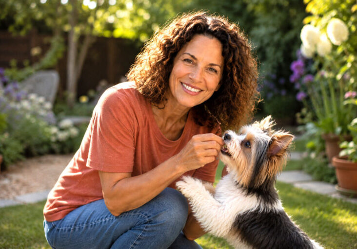 Woman in her early 50s smiling while playing with her Biewer Terrier in a sunlit garden, sharing a joyful moment surrounded by lush greenery and blooming flowers.