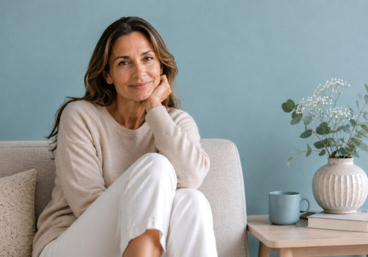 Woman in her late 40s sitting comfortably on a sofa in a bright, calming living room, looking directly at the viewer with a relaxed, confident expression.