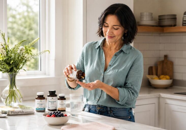 Smiling woman in kitchen measuring out supplements
