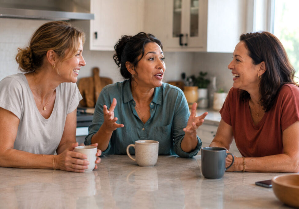 Three women in their 40s gathered around a kitchen island, laughing and talking animatedly over coffee in a bright, modern kitchen.