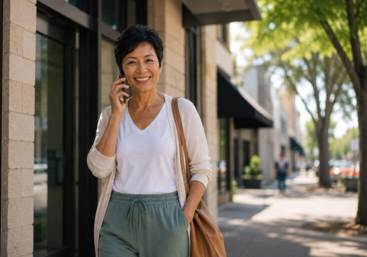 Woman in her late 40s with short black hair walking outside a healthcare clinic, talking on her cellphone in a local business neighborhood setting