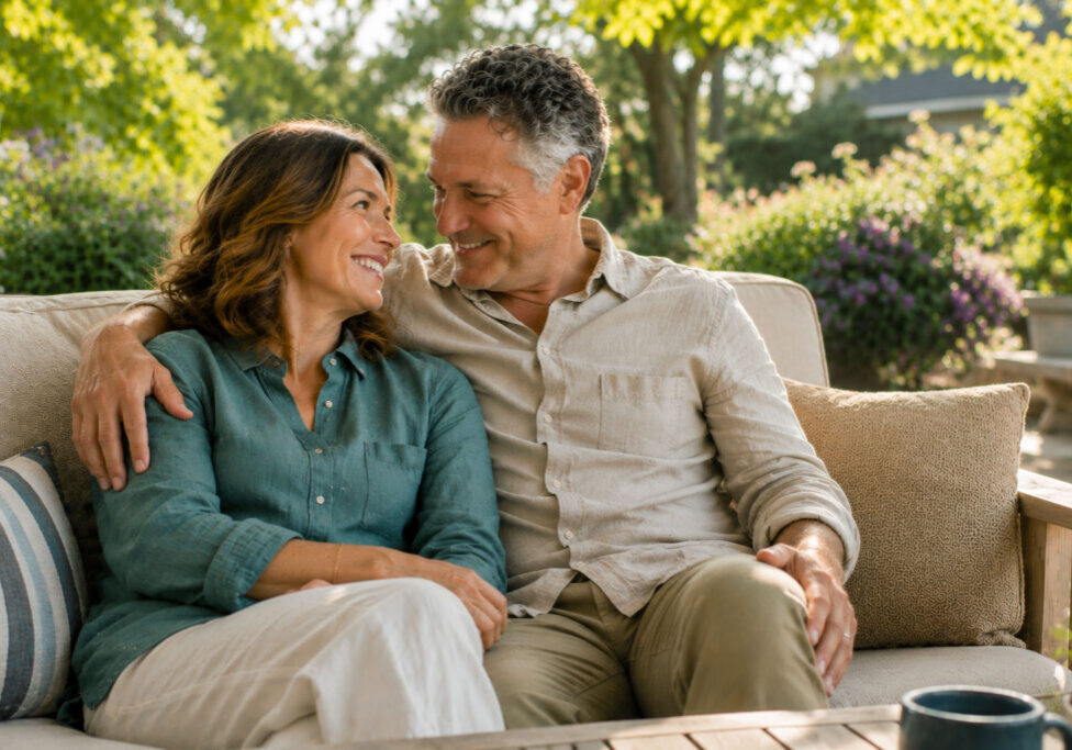 Couple in their 50s sitting together on an outdoor patio sofa, sharing a warm, loving gaze in a sunlit summer garden.