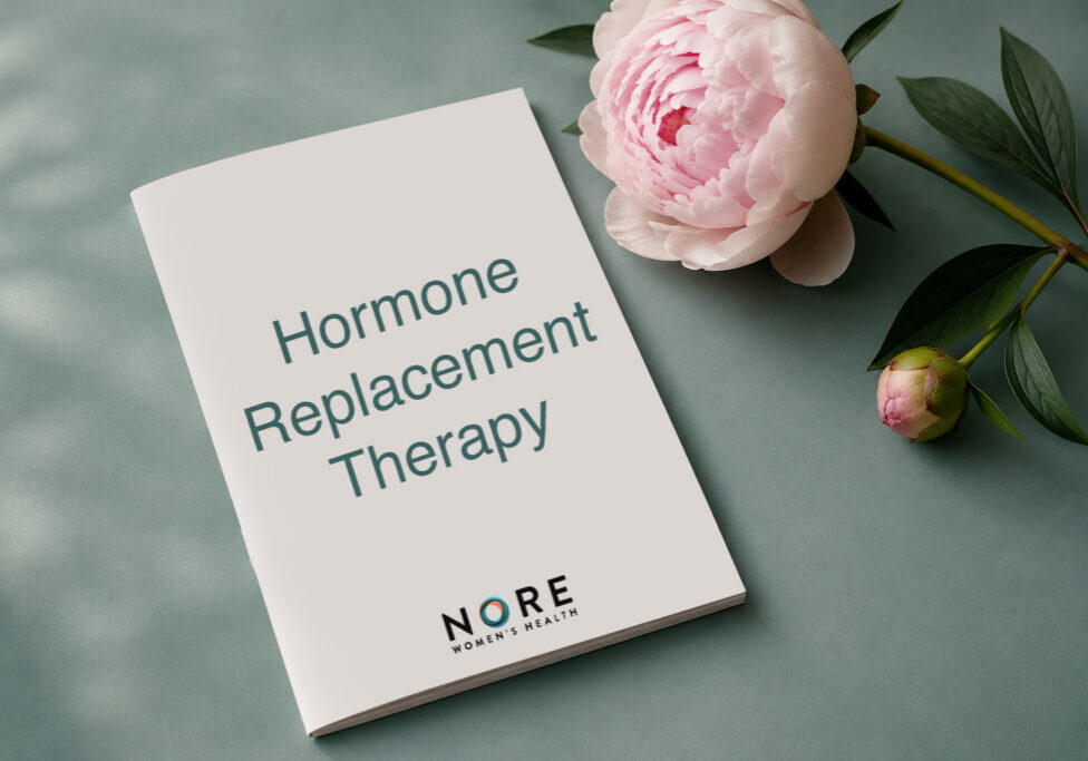 Illustration of a Hormone Replacement Therapy learning center category featuring a booklet cover, pink peony flower, and Nore Women's Health branding.